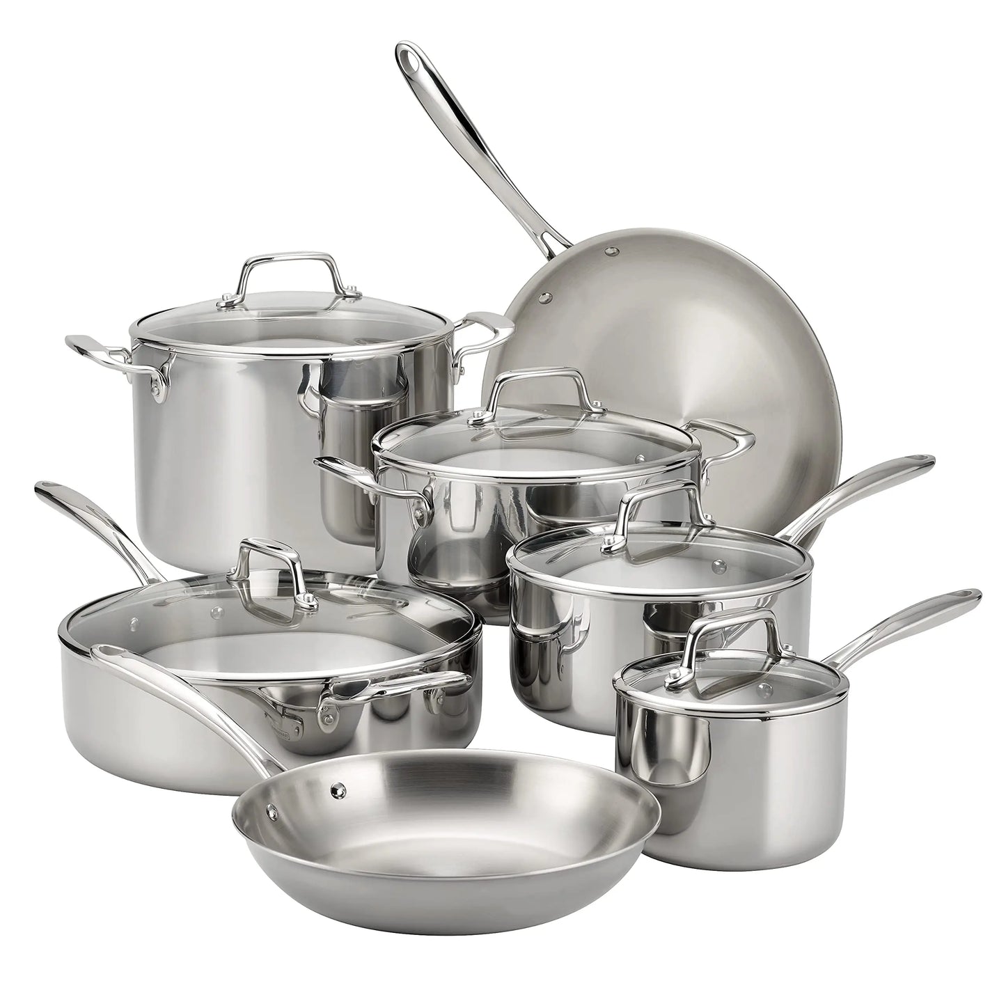 Stainless Steel 14-Piece Cookware Set with Glass Lids, Induction-Ready