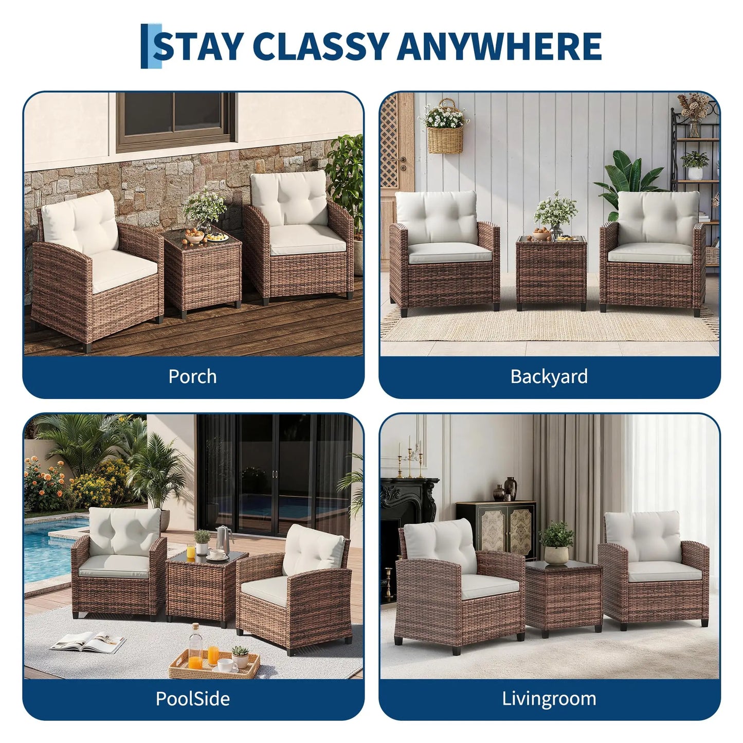 3-Piece Wicker Patio Furniture Rattan With Coffee Table