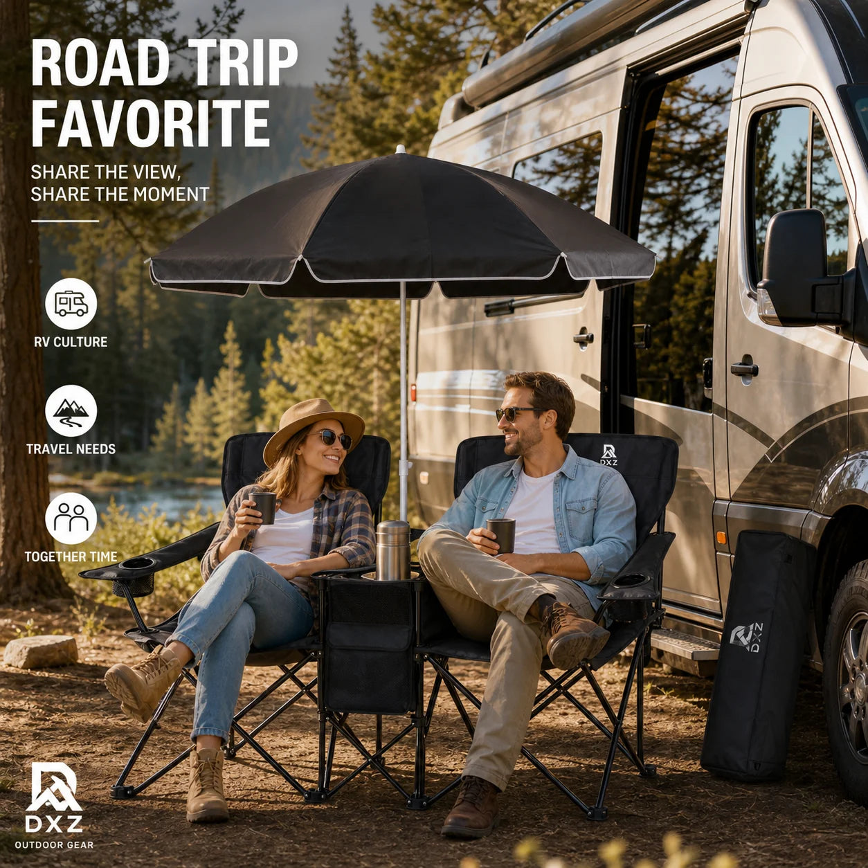 2-Seater  Folding Camping Chair with Built-in Umbrella