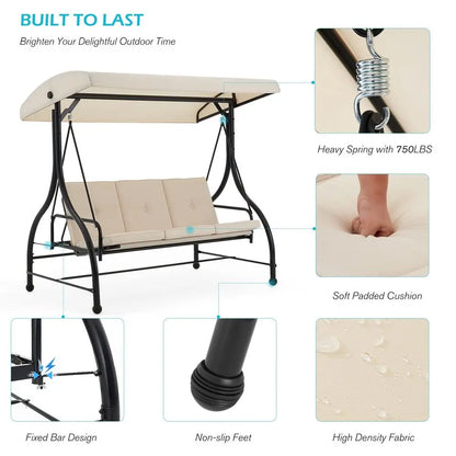 3Seat Outdoor Patio Swing With Canopy