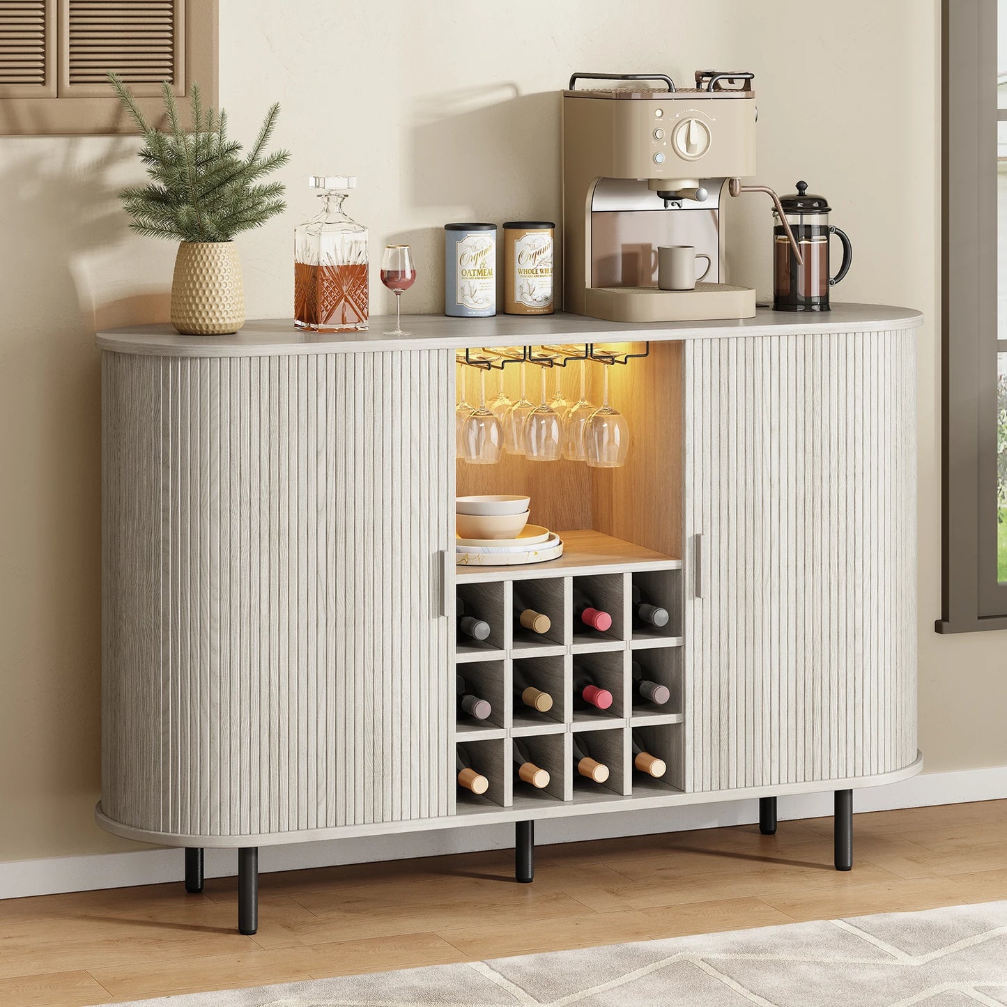Wine Bar Cabinet w/ LED Light,  Wine Rack & Glass Holder