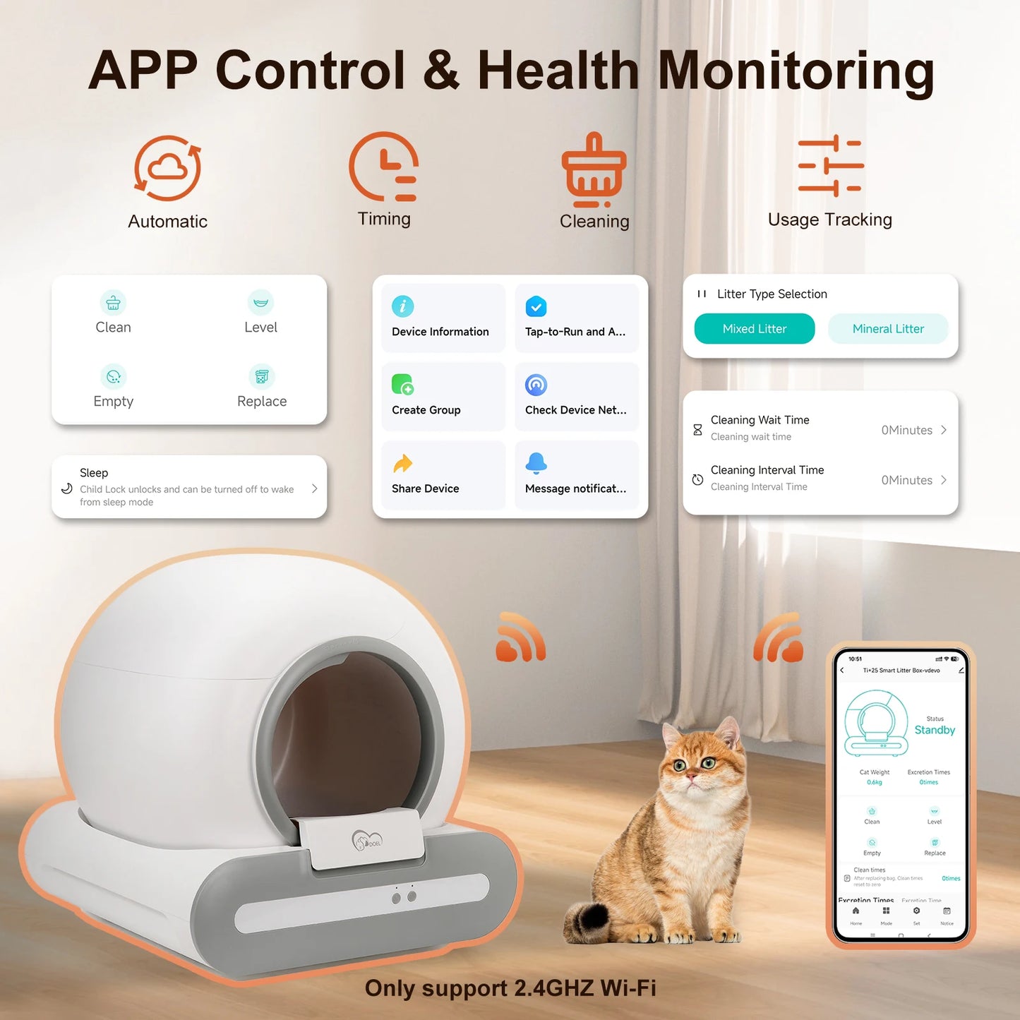 Self-Cleaning Cat Litter Box App Control, w/Litter Mat&Trash Bags,