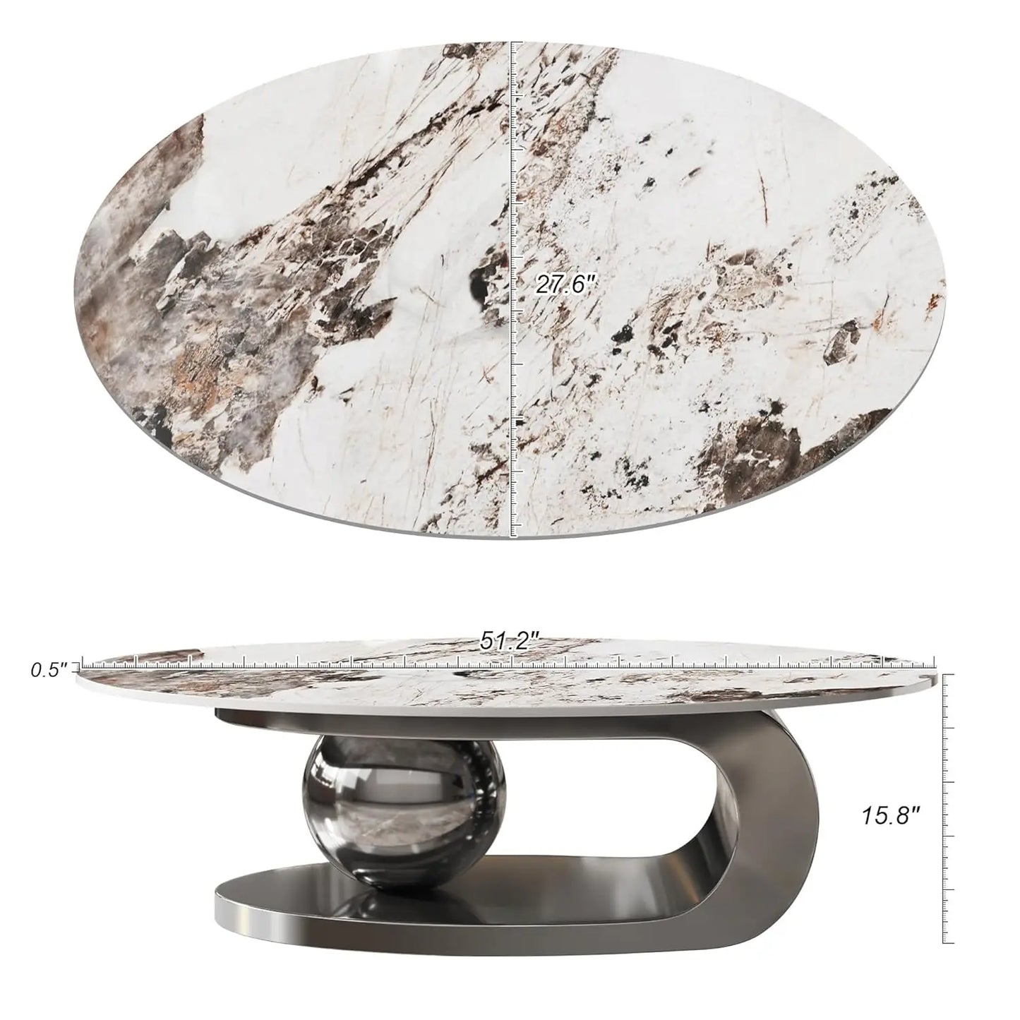 Coffee Table with Silver Stainless Steel Pedestal,Oval with Faux Marble Top