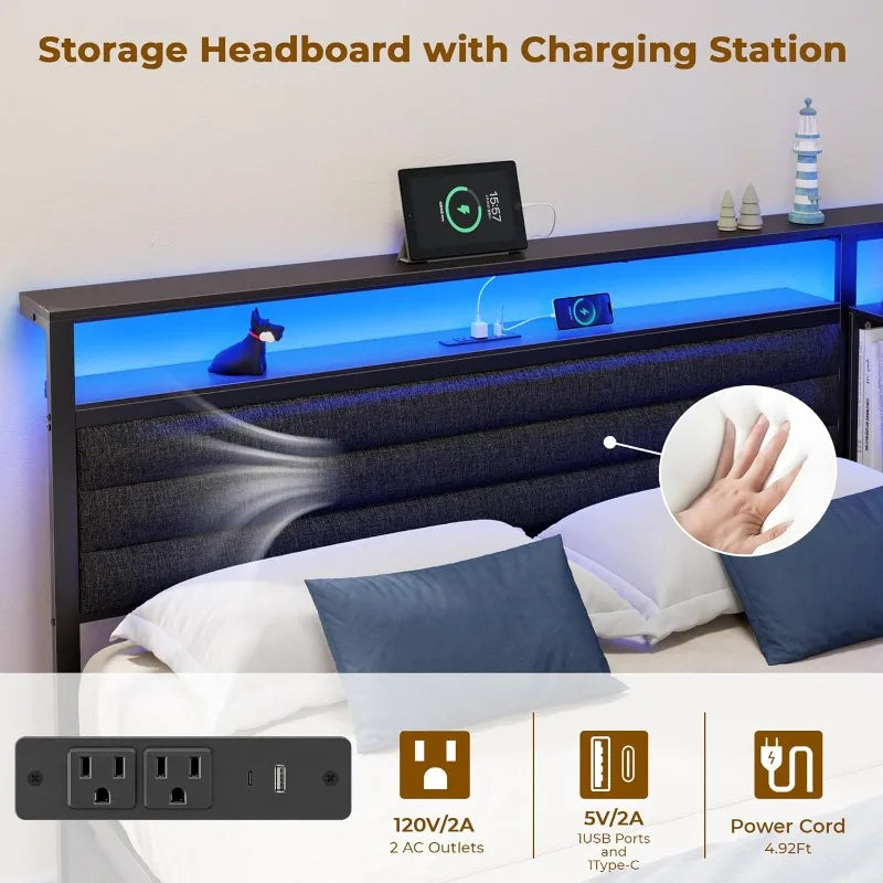 Bed Frame with Headboard and Storage Drawers, Metal Platform