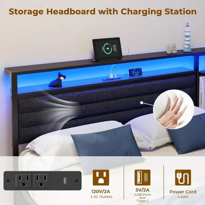 Bed Frame with Headboard and Storage Drawers, Metal Platform