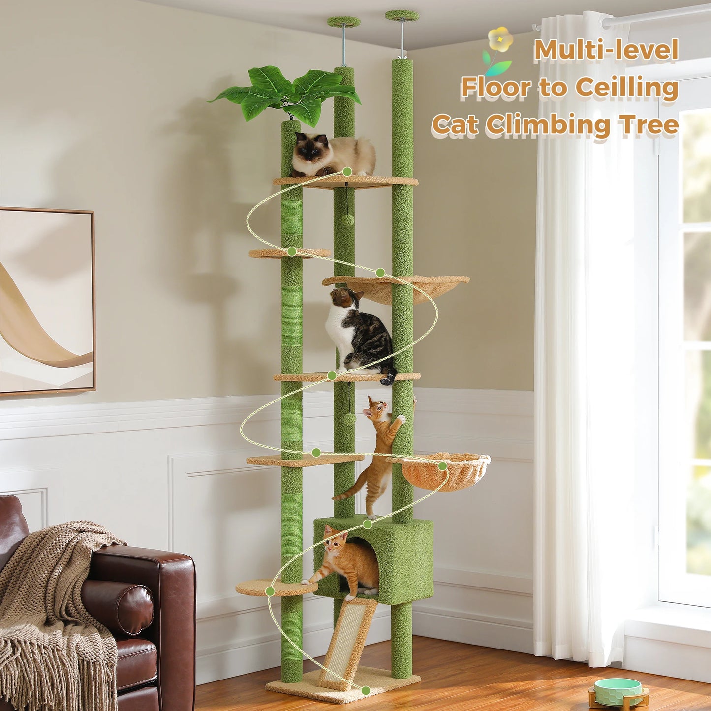Cat Tree Floor to Ceiling Tower  with Condo, Hammock and Scratching Post