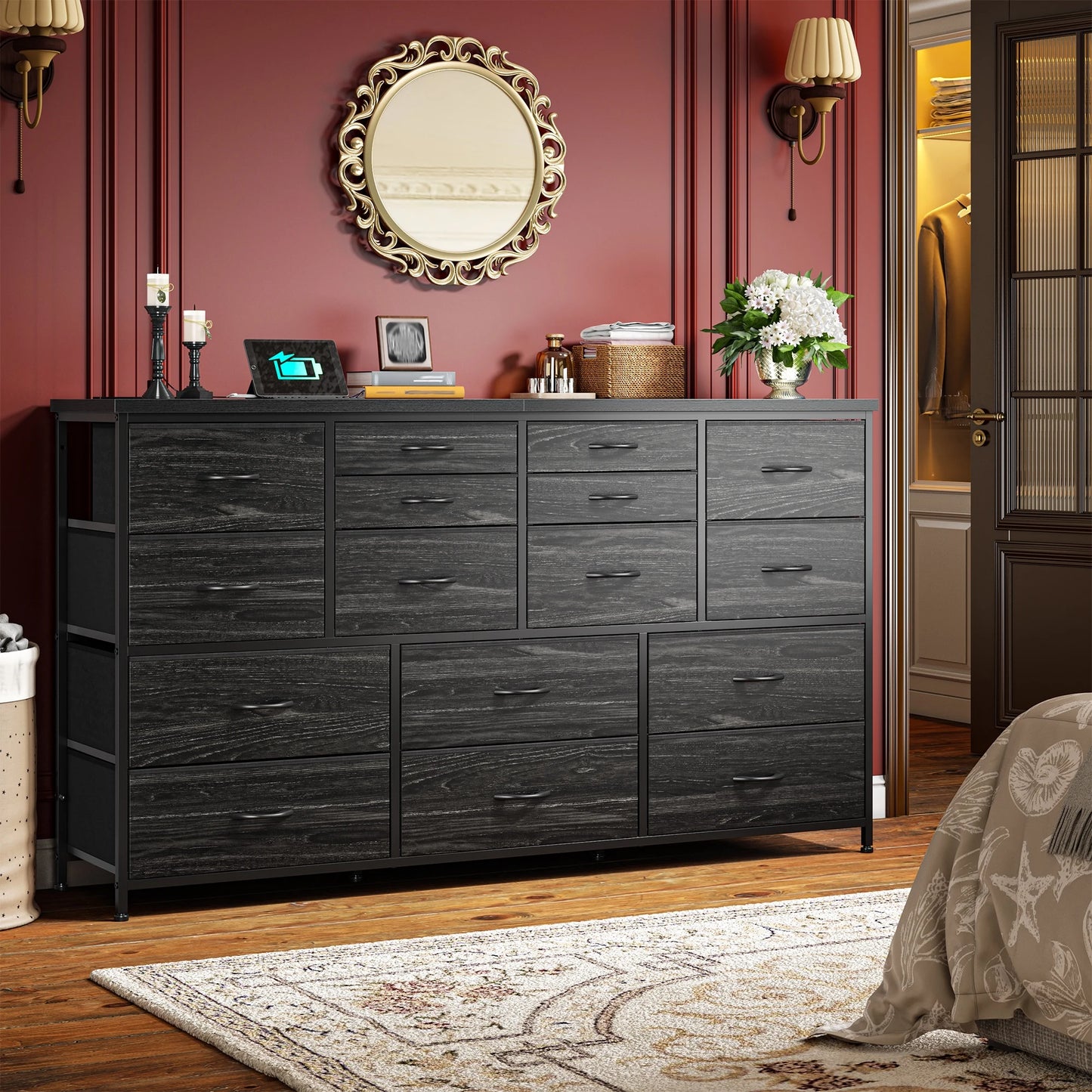 16-Drawer Dresser with Charging Station - Versatile Stand for 60" TVs