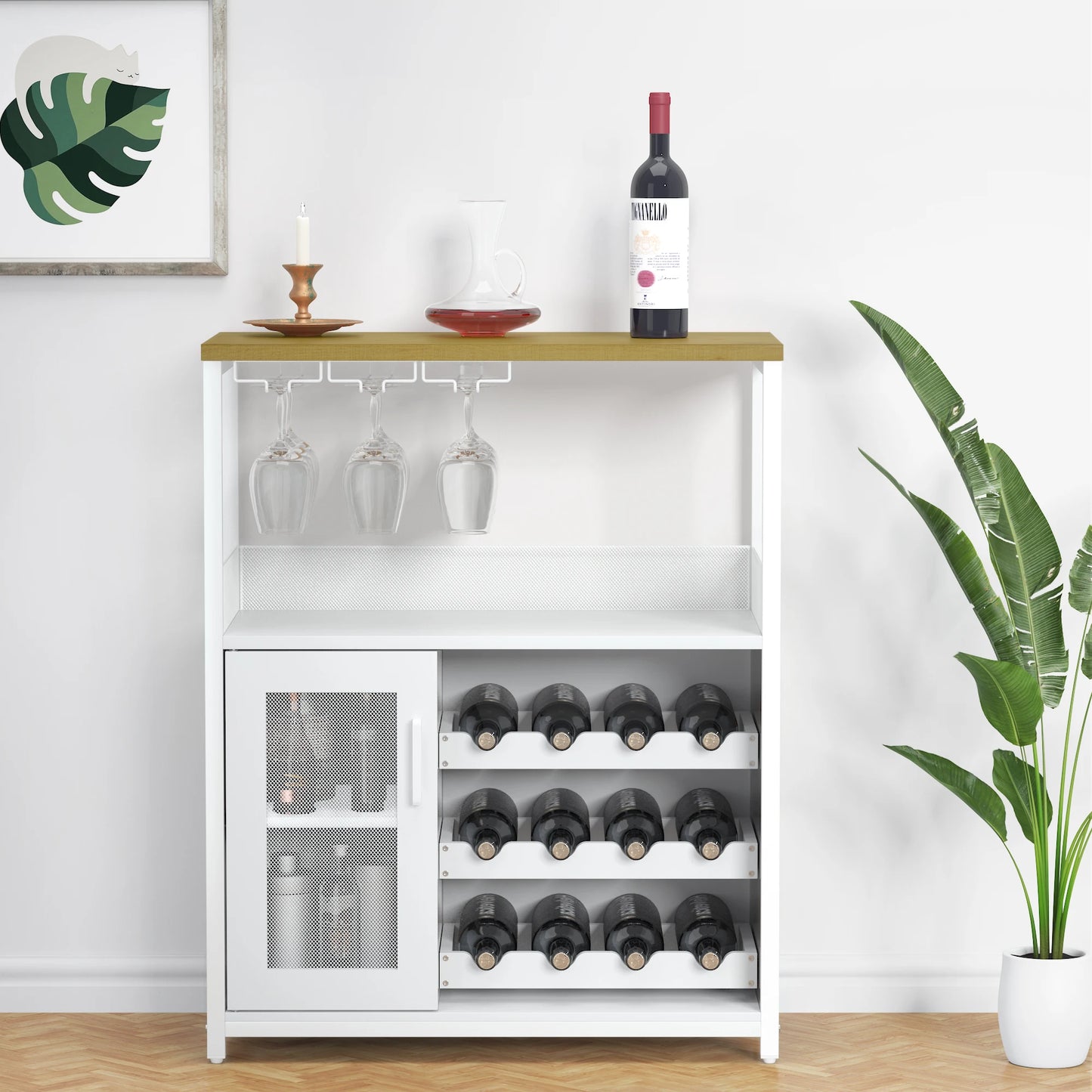 Wine Bar Cabinet With Adjustable Shelves & Glass Holders
