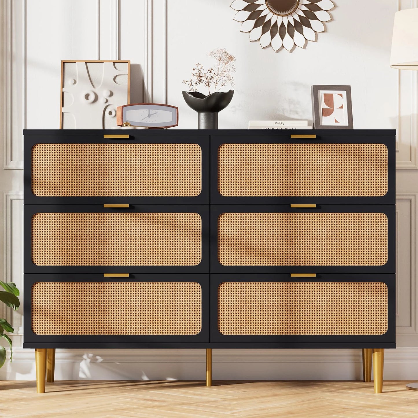 Natural Hand-Woven Rattan & Wood Dresser With Deep Drawers