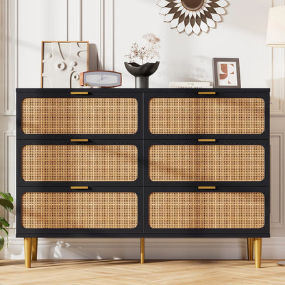 Natural Hand-Woven Rattan & Wood Dresser With Deep Drawers