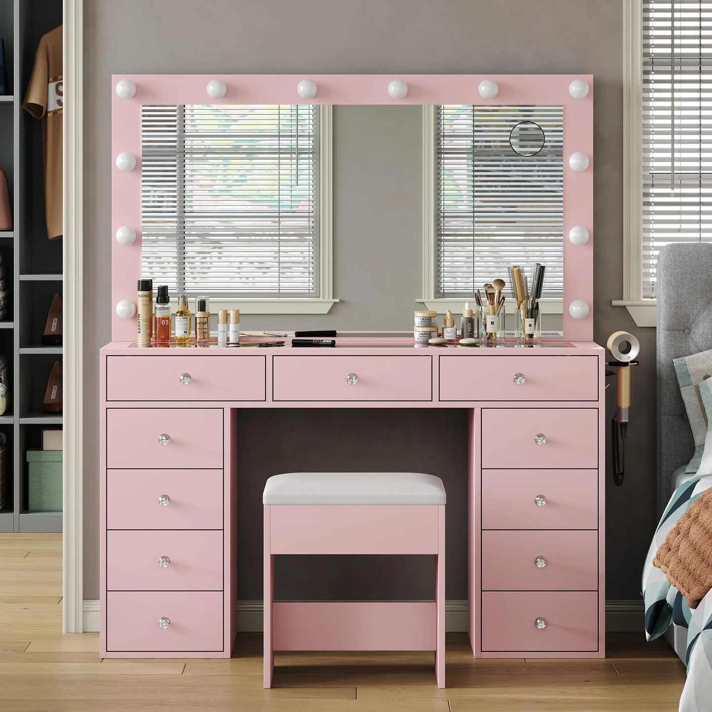 Vanity Desk & Power Mirror LED Lights, 11 Drawers, and Chair