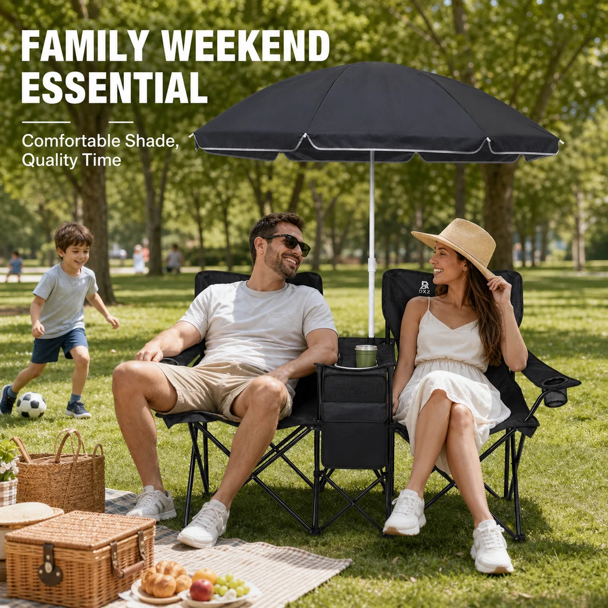2-Seater  Folding Camping Chair with Built-in Umbrella