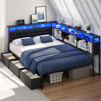 Bed Frame with Headboard and Storage Drawers, Metal Platform
