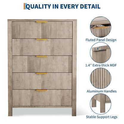 5-Drawer Oak Dresser With Gold Handles,