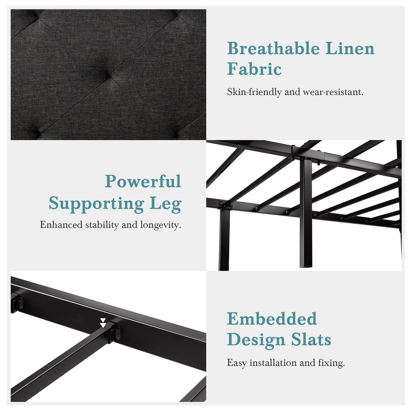 Bed Frame with Upholstered Headboard, No Box Spring Needed