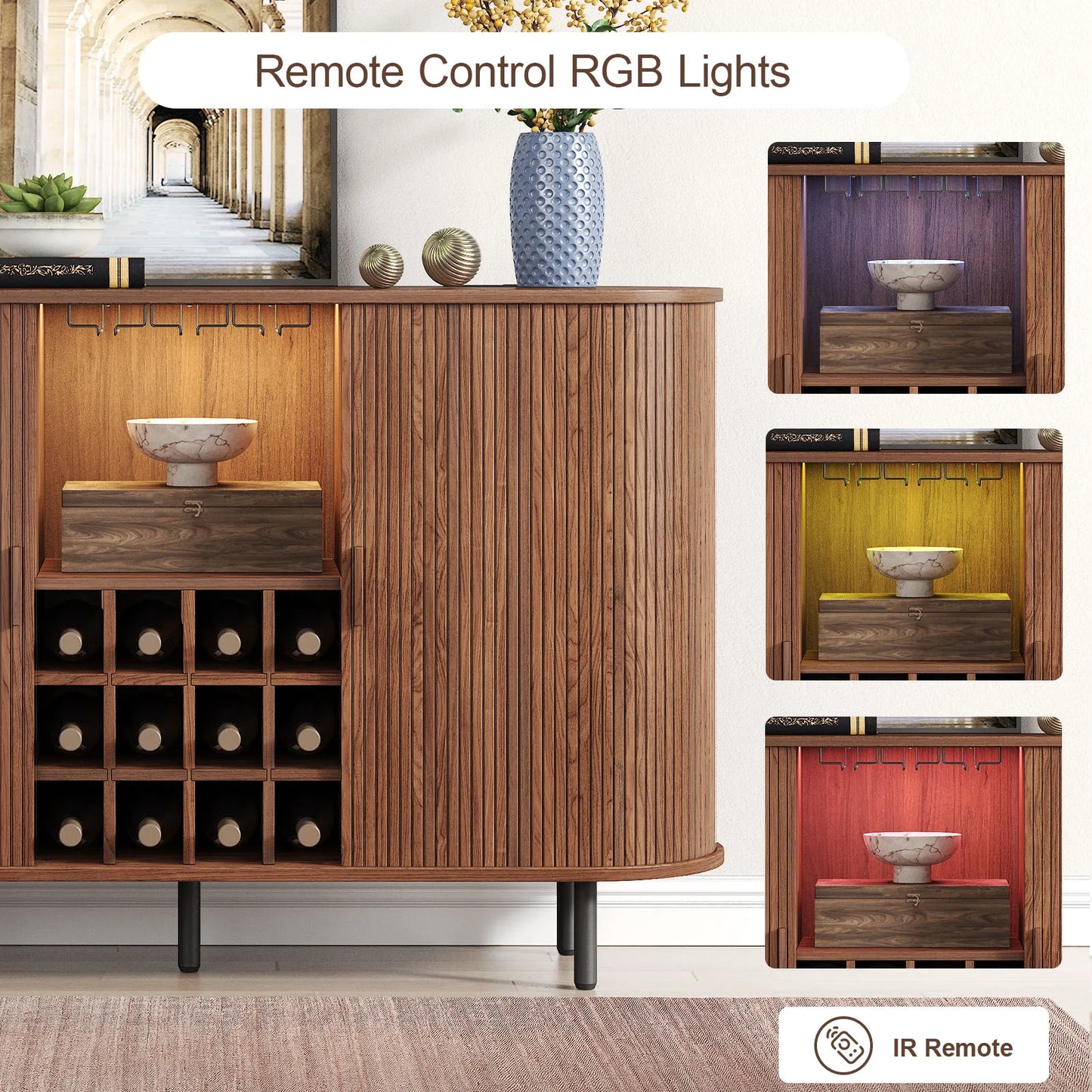 Wine Bar Cabinet w/ LED Light,  Wine Rack & Glass Holder