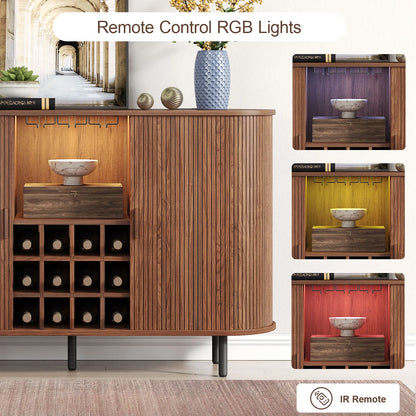 Wine Bar Cabinet w/ LED Light,  Wine Rack & Glass Holder
