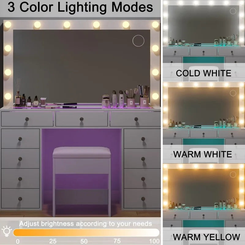 Vanity Desk with Lights, 47 Inch Mirror, and Drawers