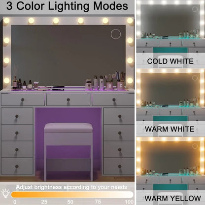Vanity Desk with Lights, 47 Inch Mirror, and Drawers