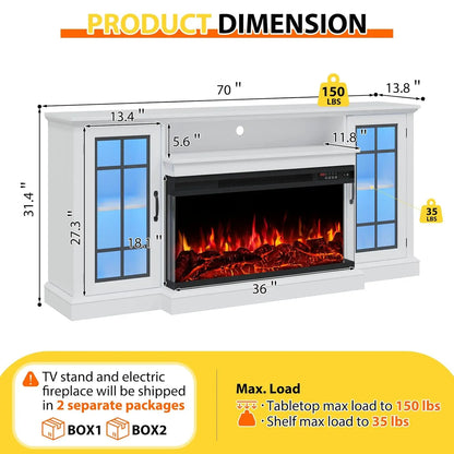 Fireplace TV Stand Media Console Glass Door Storage
