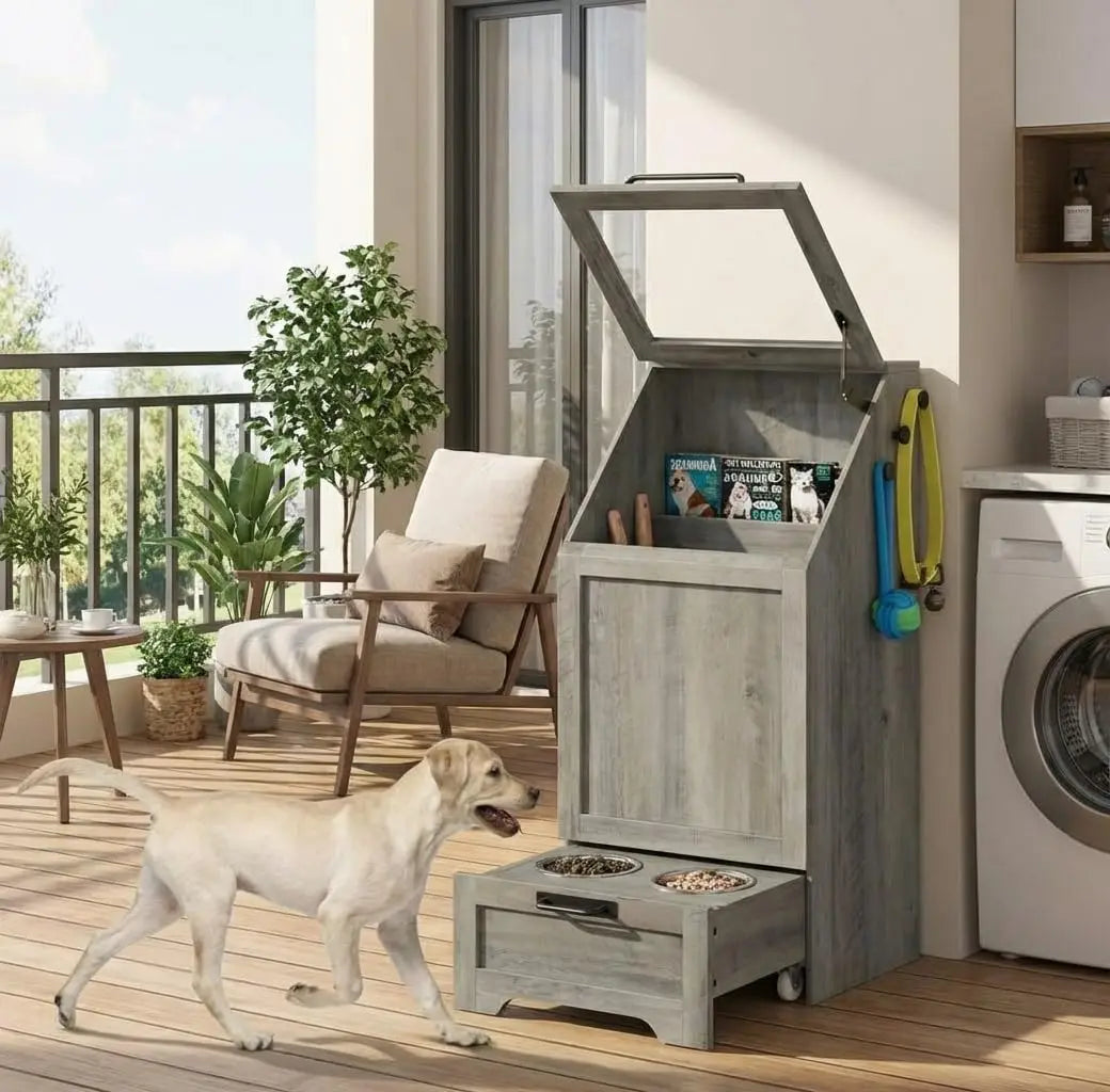Dog Food Station with, Raised Bowls, Food Storage Cabinet