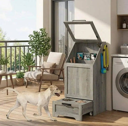 Dog Food Station with, Raised Bowls, Food Storage Cabinet