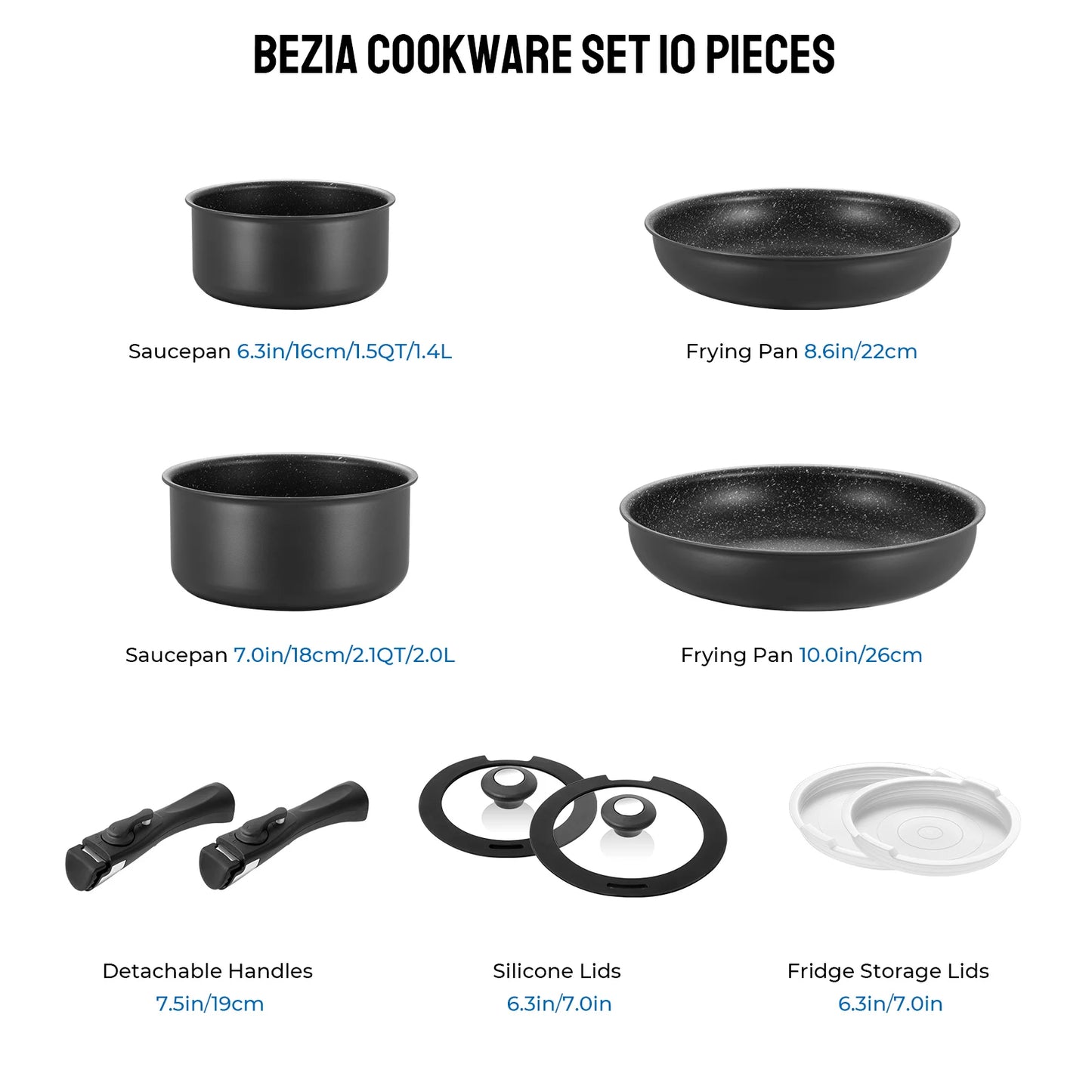 Cookware Set 10 Pieces, Nonstick Pots and Pans Set with Removable Handles
