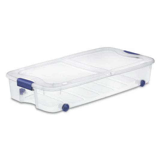 Underbed Wheeled Storage Bin, Clear Plastic with Latch Lid