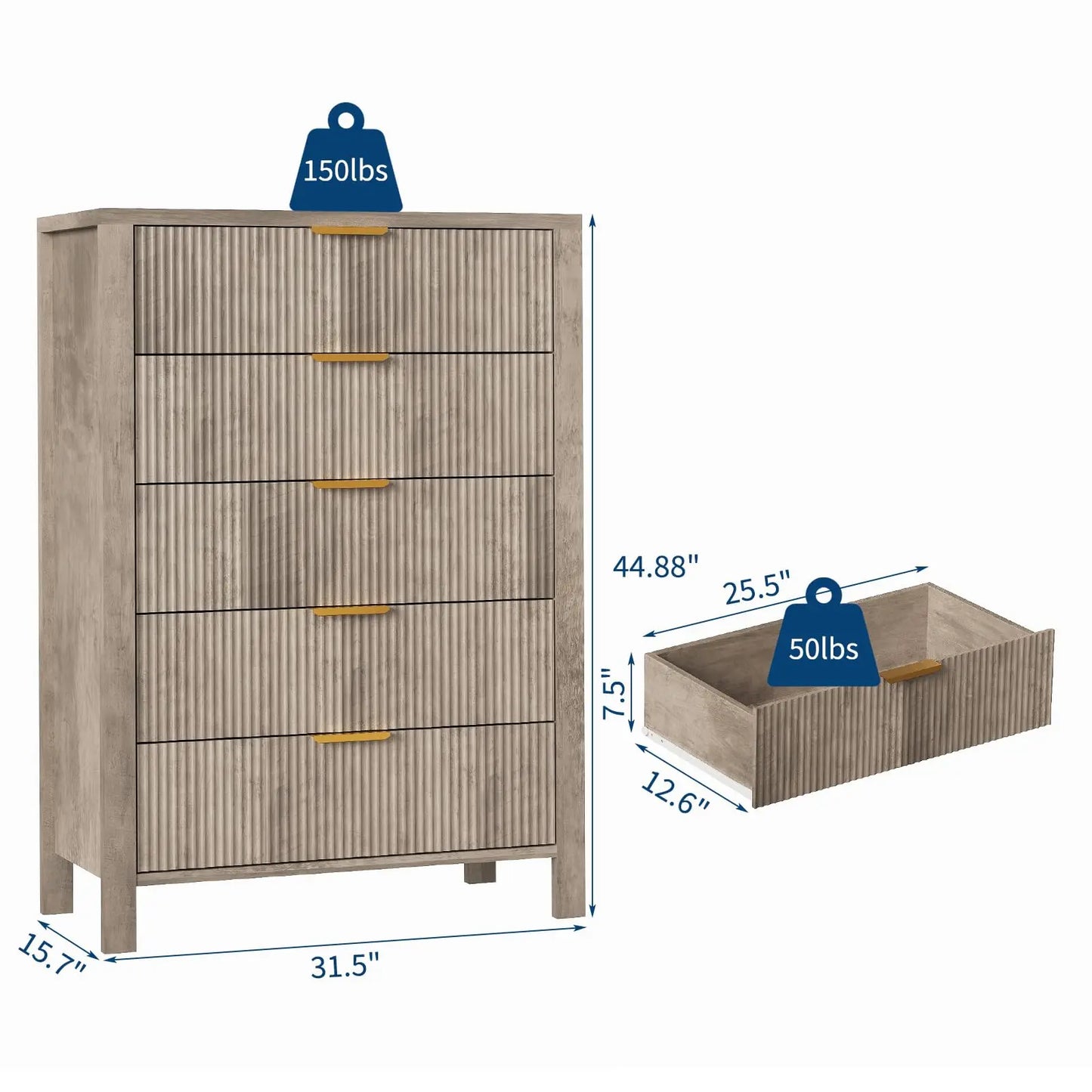 5-Drawer Oak Dresser With Gold Handles,