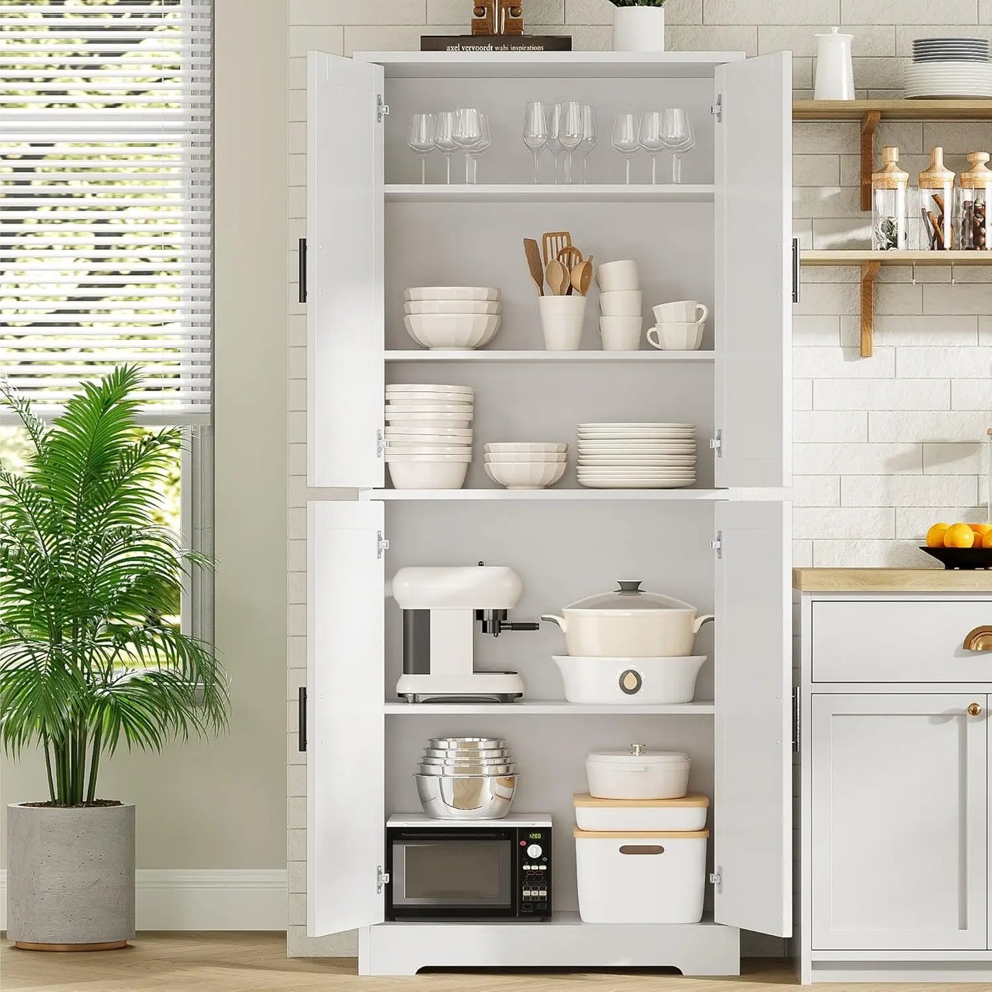 Freestanding Storage Cabinet with 4 Doors and Adjustable Shelves