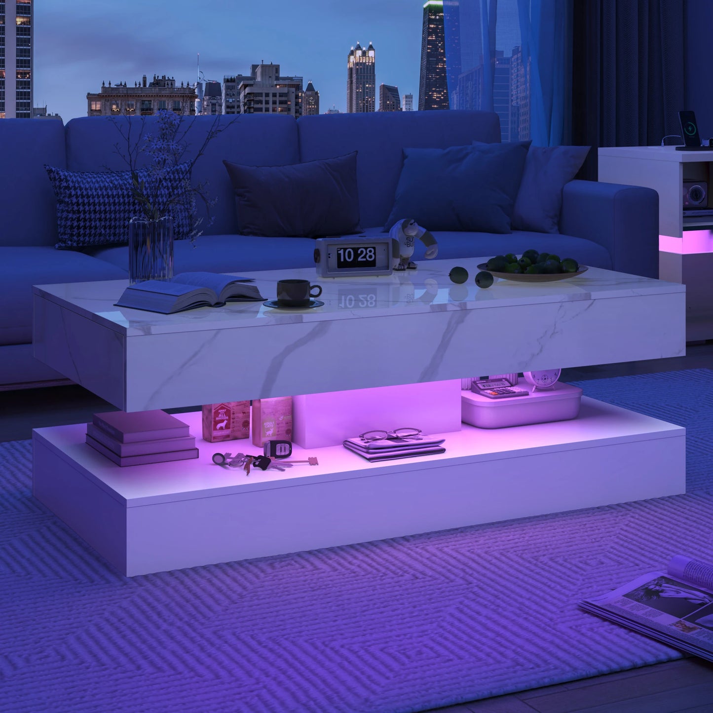 Coffee Table with LED lights, Double-Layer Design with Storage Drawers