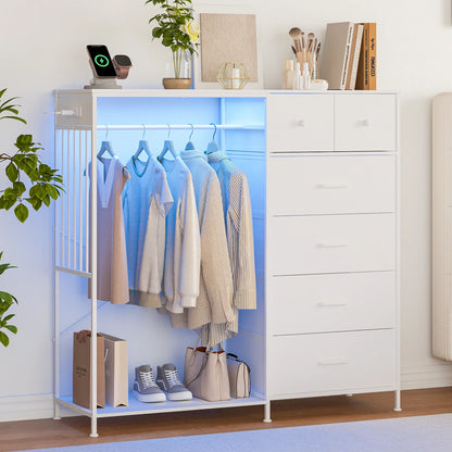 Chest of Drawers, 6 Drawers Hanging Rack Dresser w/LED Lights & Charging Station