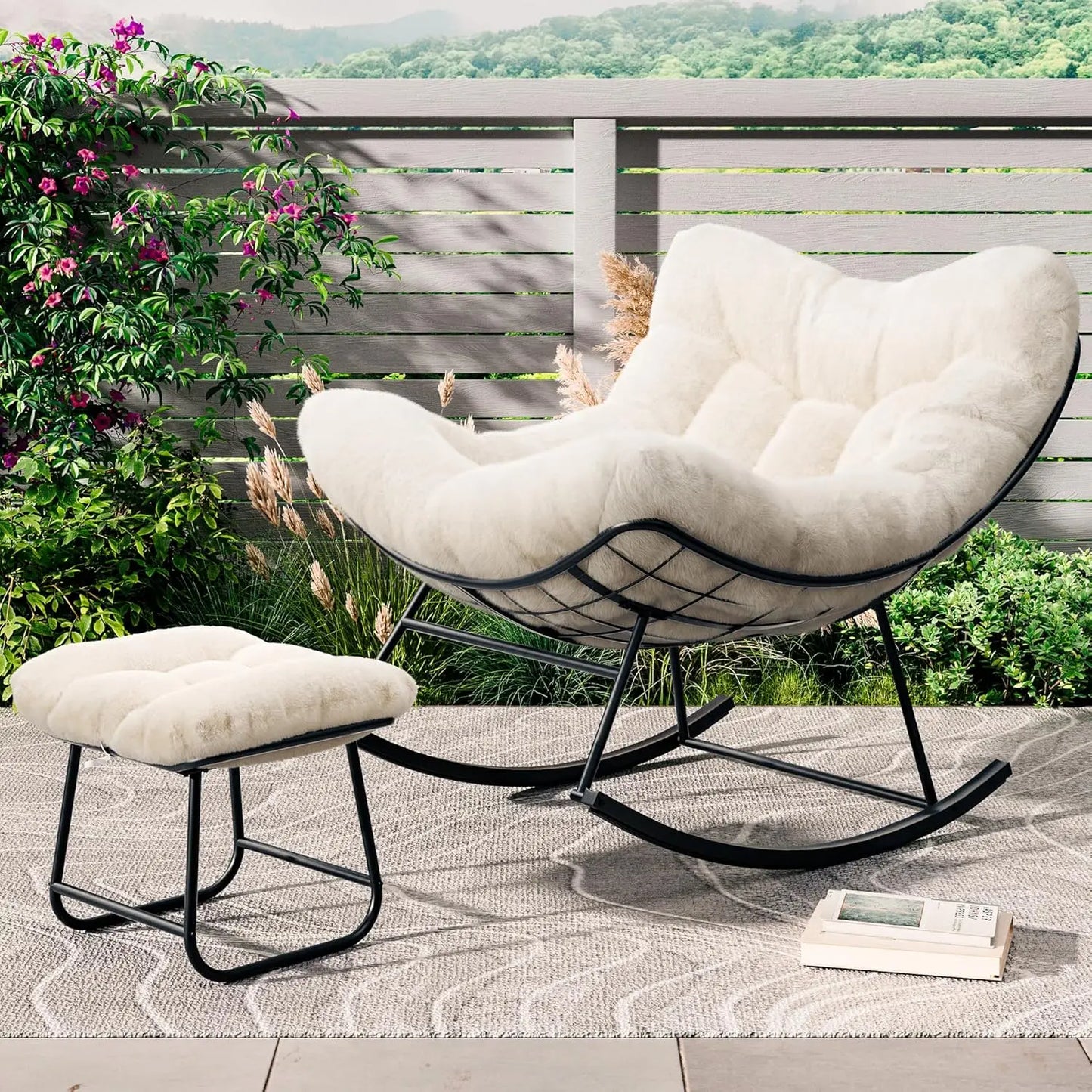 Outdoor Papasan Rocking Chair with Footrest