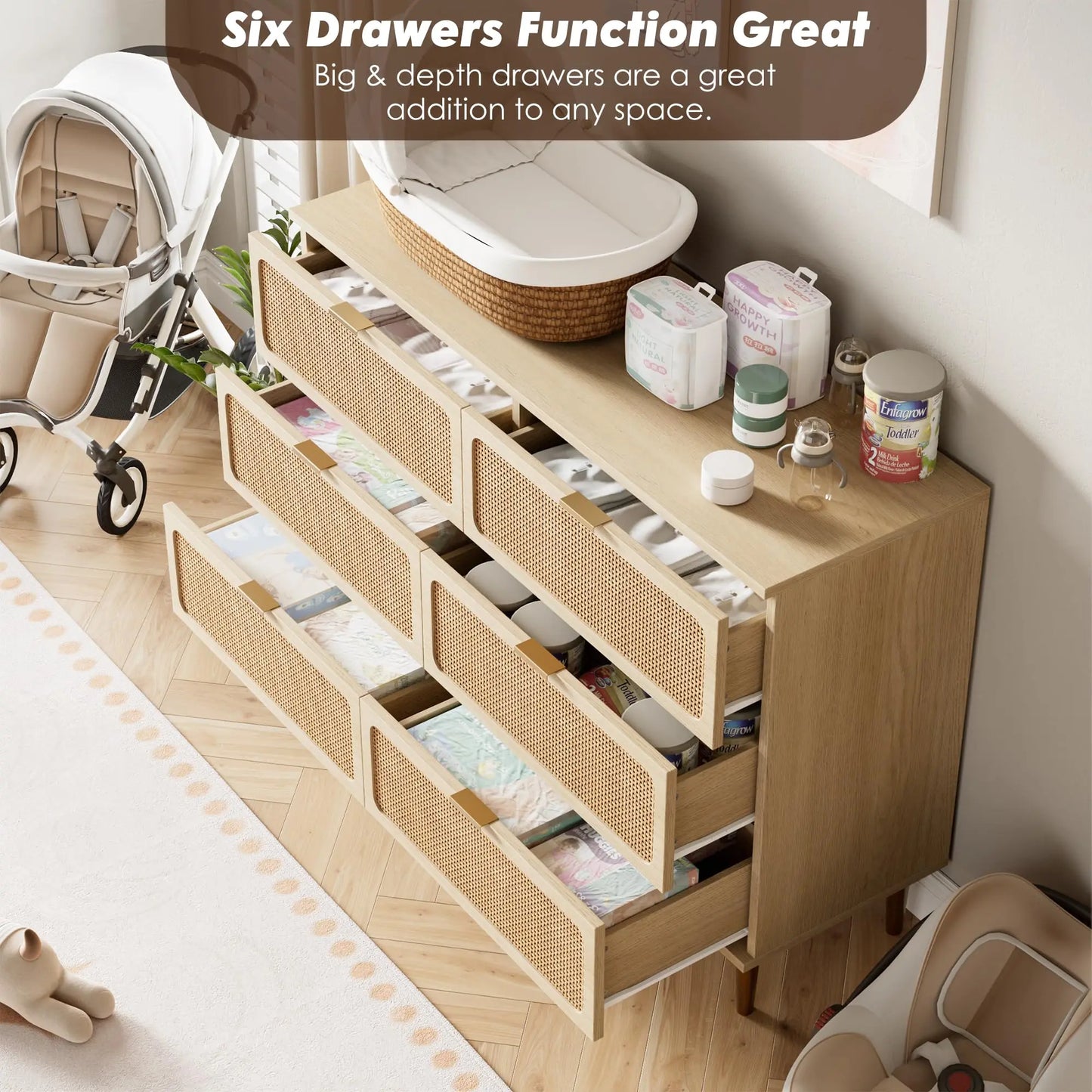 Natural Hand-Woven Rattan & Wood Dresser With Deep Drawers