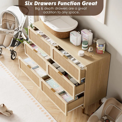 Natural Hand-Woven Rattan & Wood Dresser With Deep Drawers