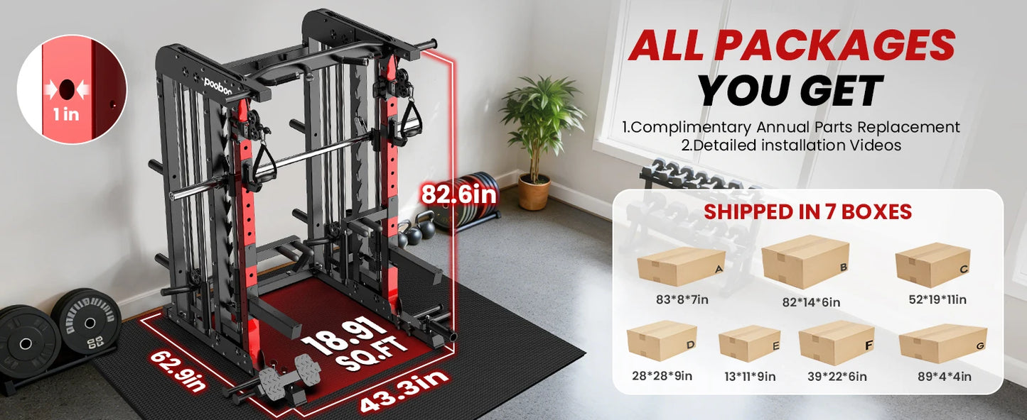 Power Cage Smith Machine with 2000LB Squat Rack Cable System