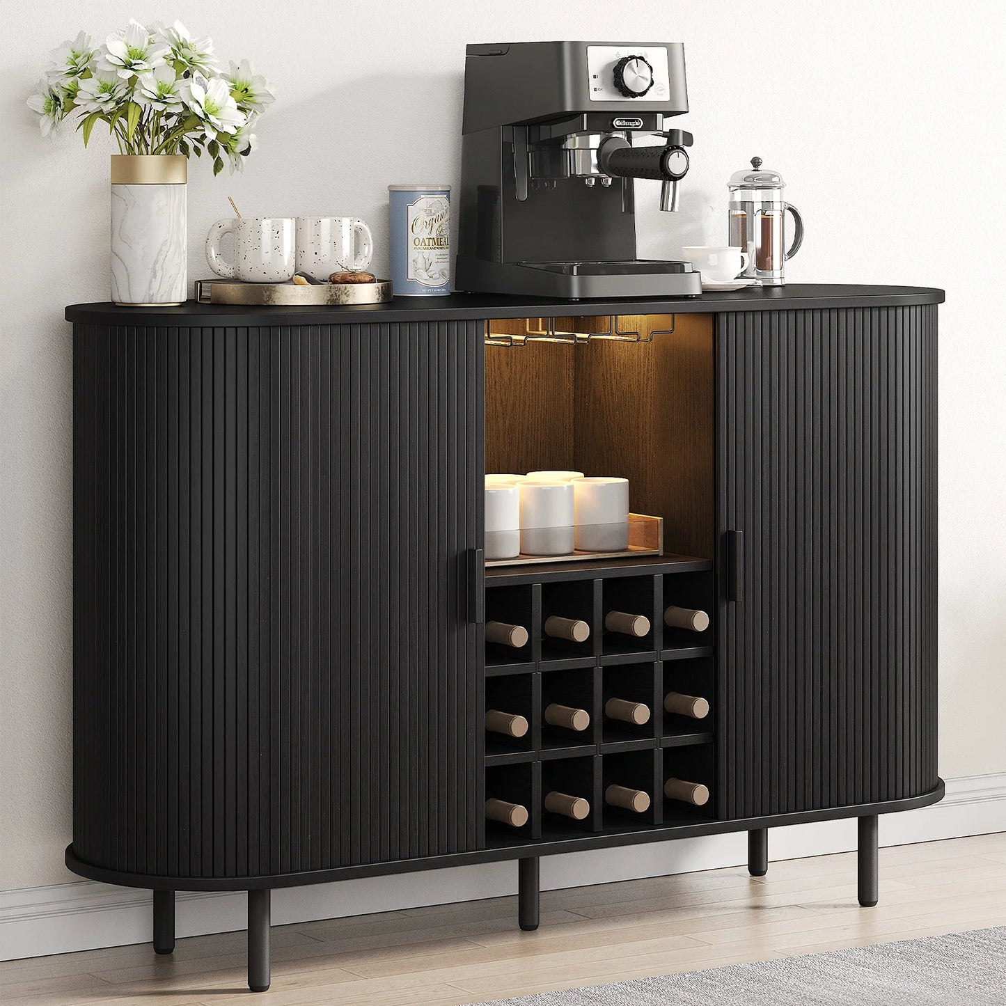 Wine Bar Cabinet w/ LED Light,  Wine Rack & Glass Holder