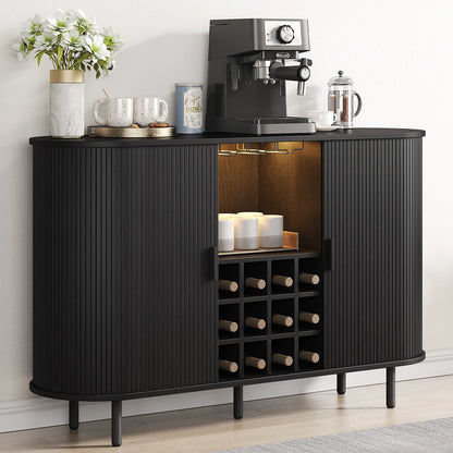 Wine Bar Cabinet w/ LED Light,  Wine Rack & Glass Holder