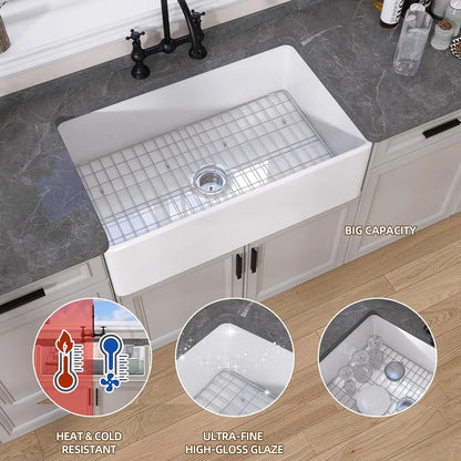 30-Inch White Farmhouse Kitchen Sink with Apron Front, Single Bowl, and Modern Accessories