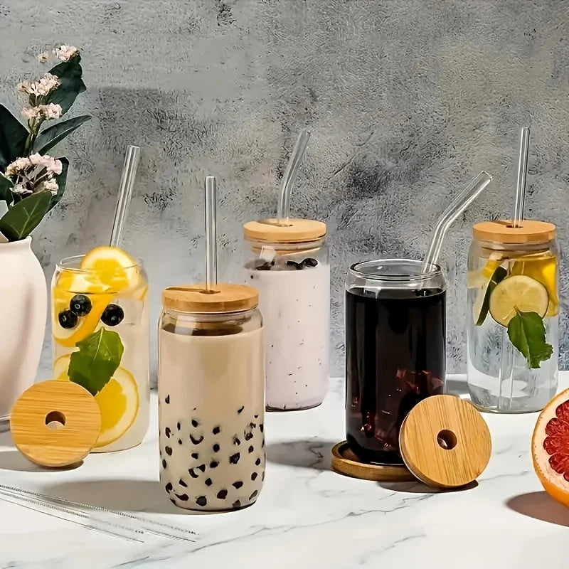 6pcs Drinking Glass with Bamboo Lids and Glass Straw