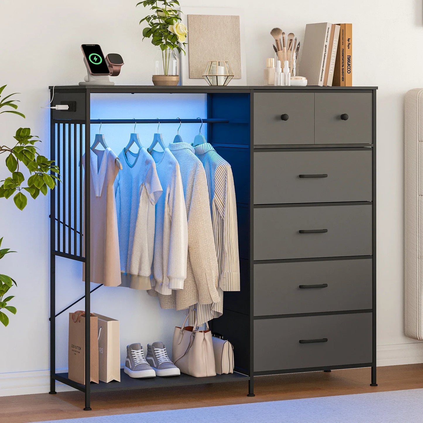 Chest of Drawers, 6 Drawers Hanging Rack Dresser w/LED Lights & Charging Station