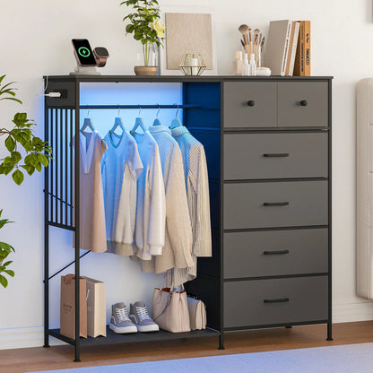 Chest of Drawers, 6 Drawers Hanging Rack Dresser w/LED Lights & Charging Station