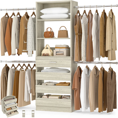 4-9Ft Closet System with 4 Wooden Drawers, Walk-in Closet Organizer Wardrobe Clothes Rack with 4 Hanging Rods, Garment Rack