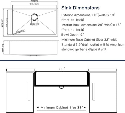 30x18 Inch Undermount Stainless Steel Kitchen Sink Set with Grid and Drain Assembly