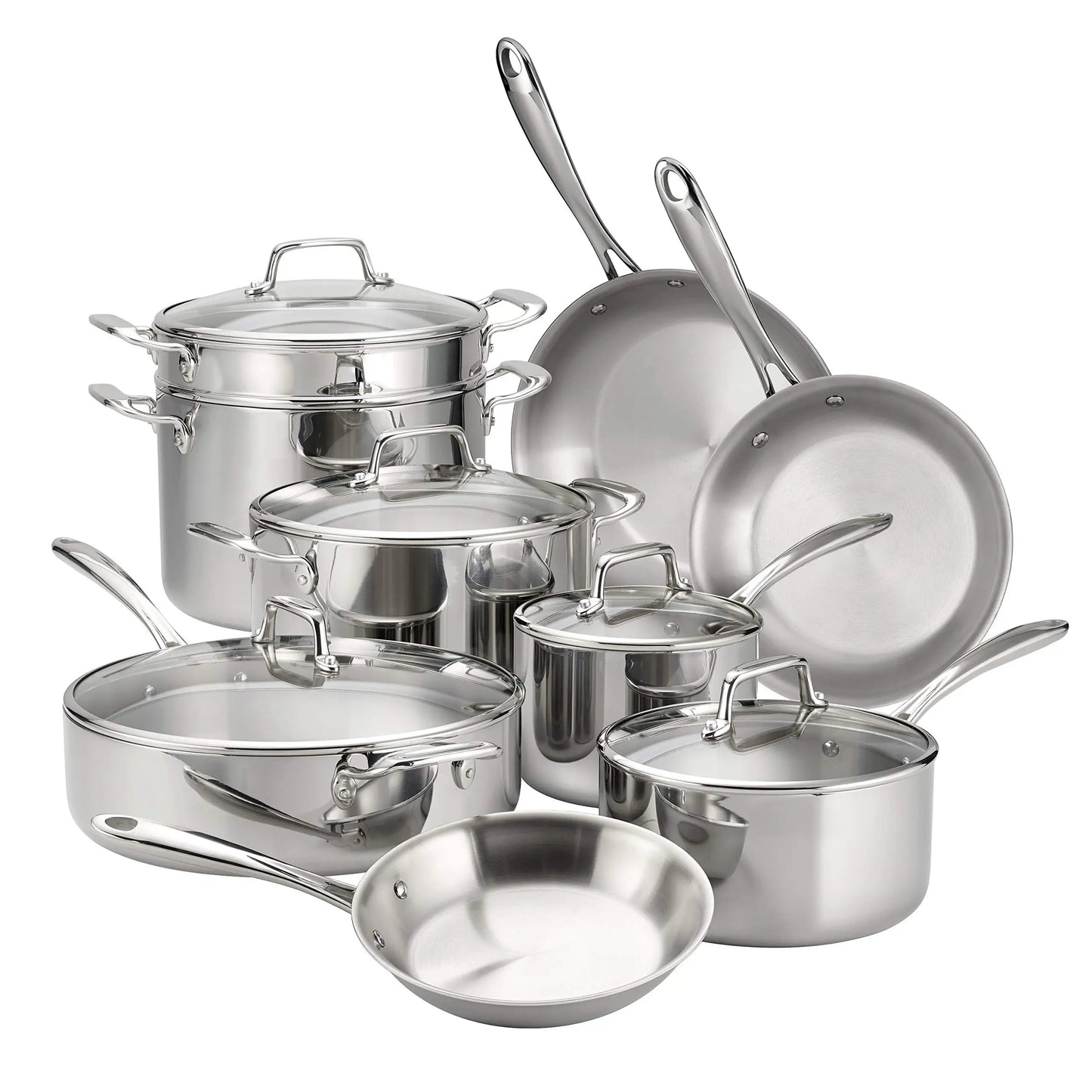Stainless Steel 14-Piece Cookware Set with Glass Lids, Induction-Ready