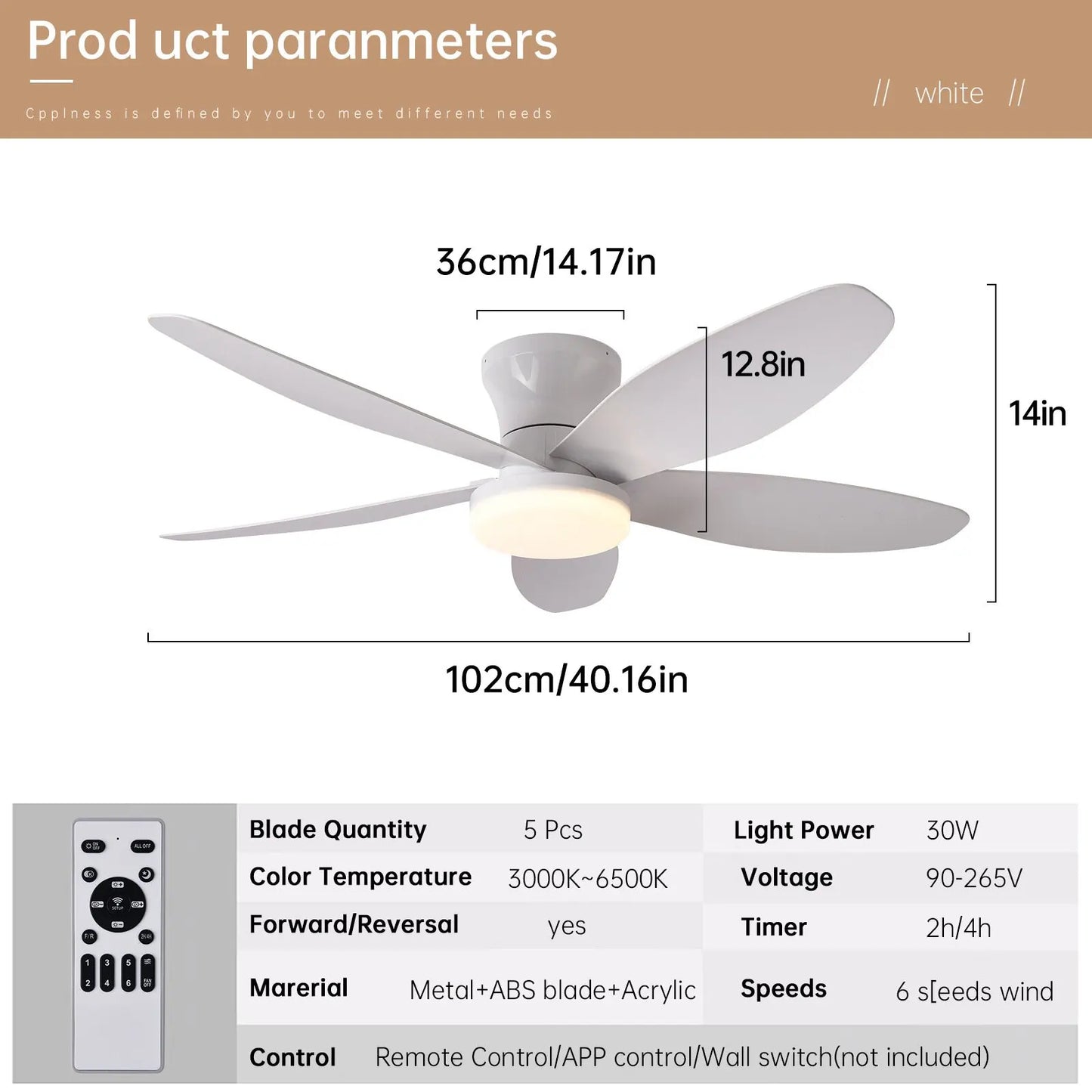 Ceiling Fan with Light 3 Colors, 6 Speeds