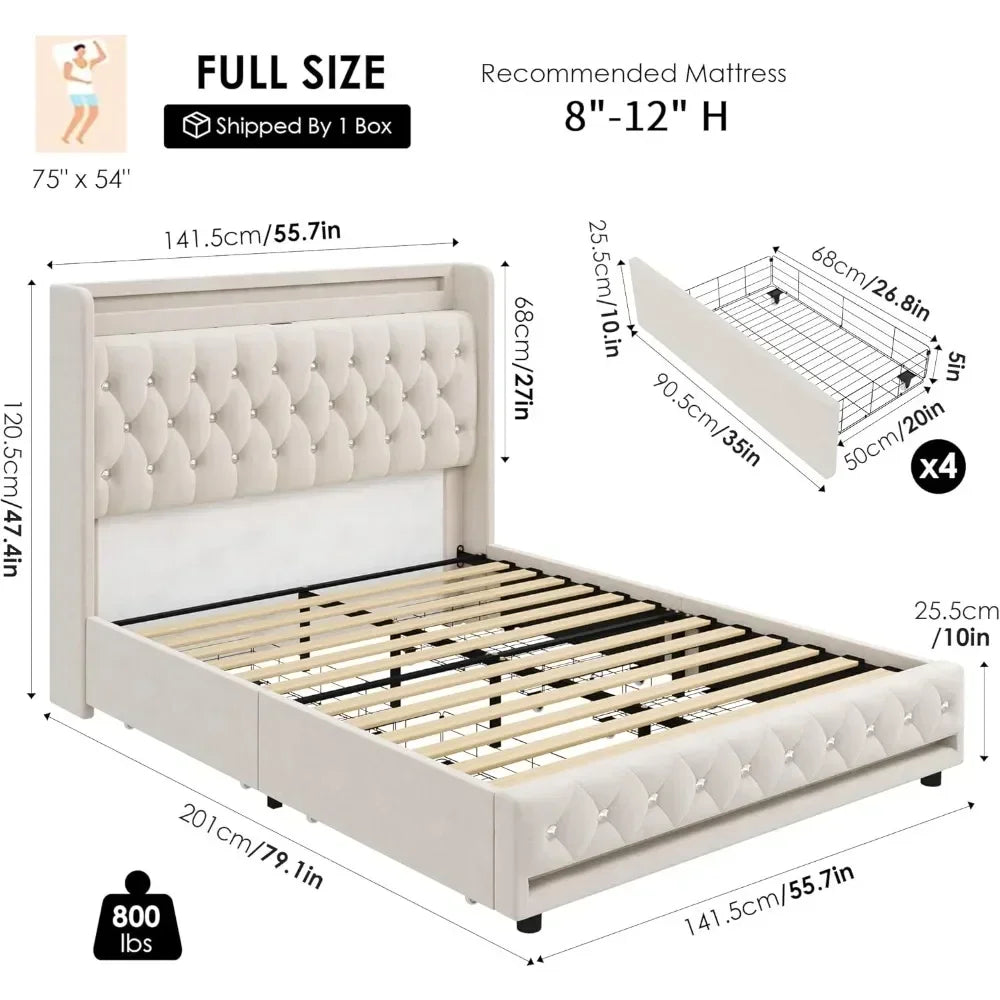 Upholstered Platform Bed with Charging Station, 4 Storage Drawers