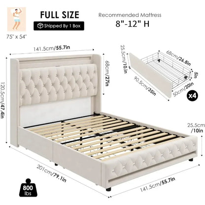 Upholstered Platform Bed with Charging Station, 4 Storage Drawers