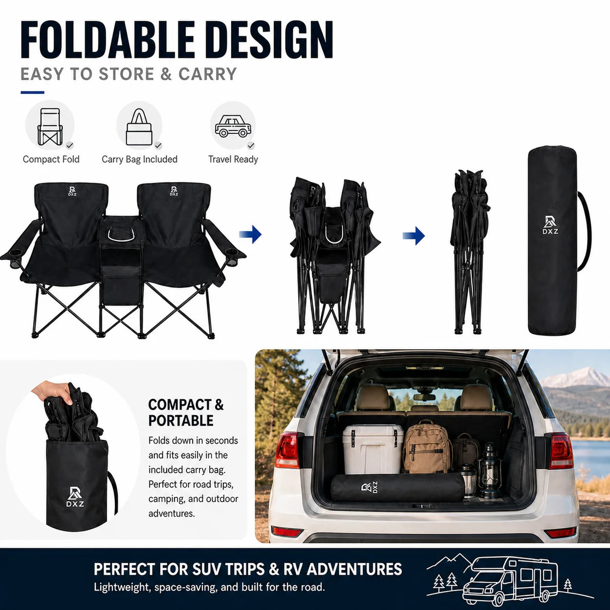 2-Seater  Folding Camping Chair with Built-in Umbrella