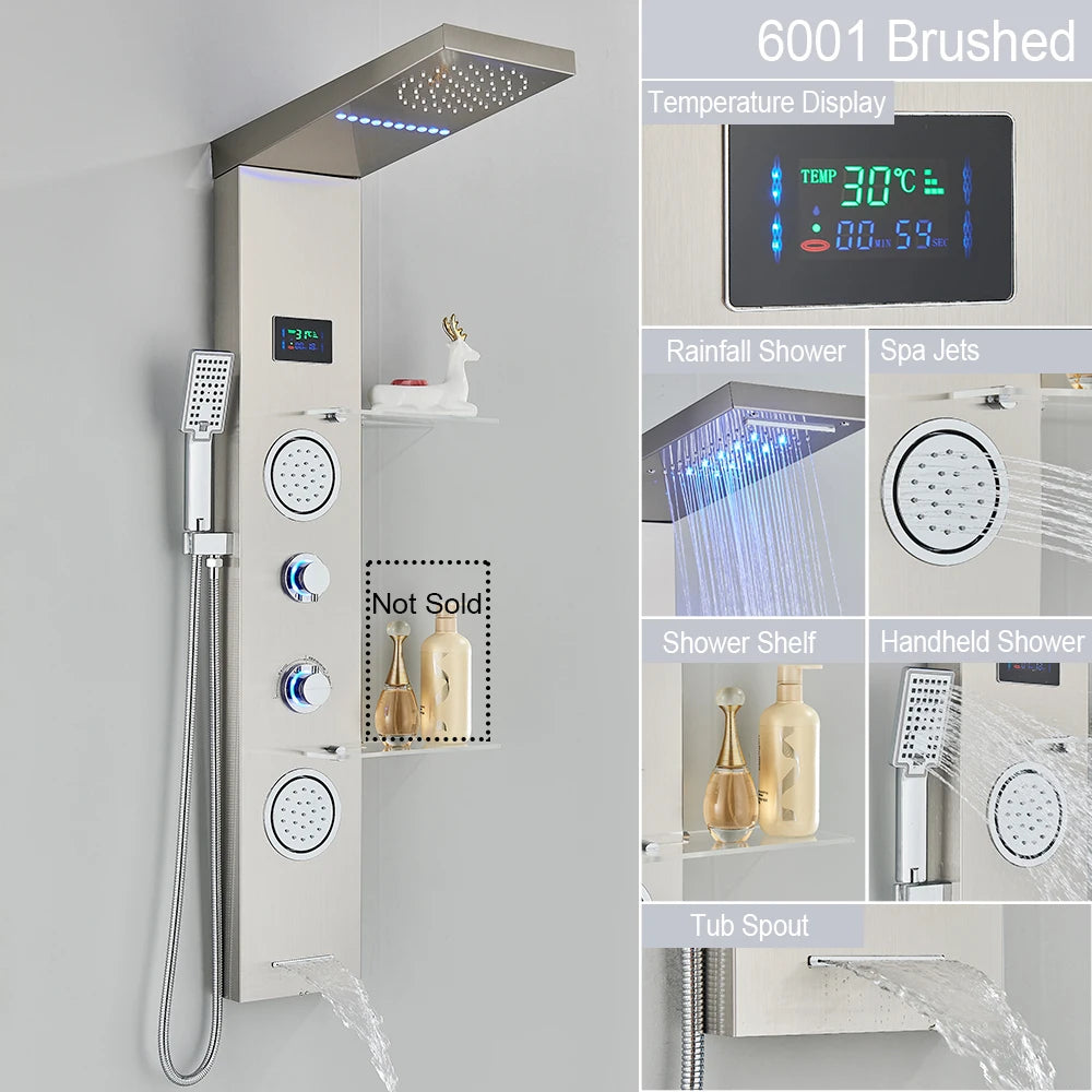 LED Light Shower Panel Waterfall Rain Digital Display Shower Faucet Set SPA Massage Jet Bathroom Column Mixer Tap Tower System